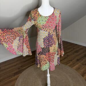 MSK Bell Sleeve Mini Babydoll Dress Boho 70s Festival